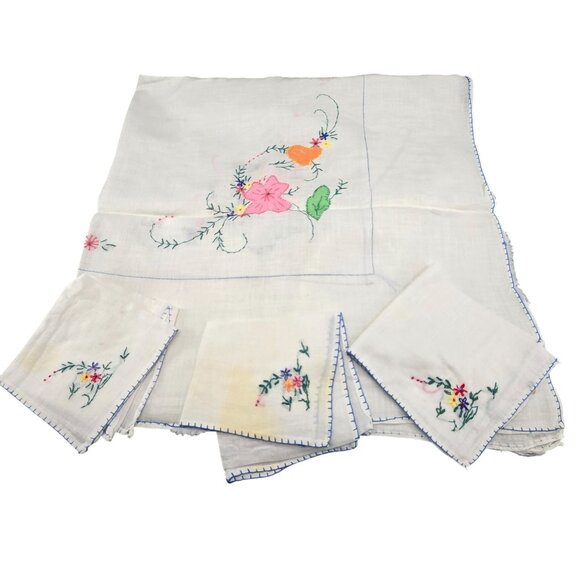 Vintage Embroidered Linen Tablecloth & Napkins Set With Floral Design JJ3968 - Picture 1 of 10